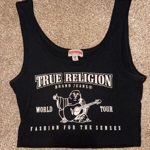 True Religion Black Graphic Crop Top y2k